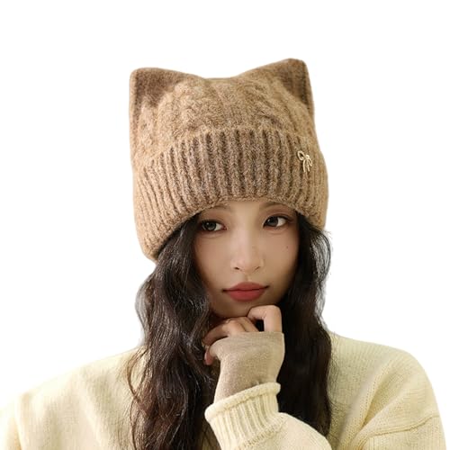 Karsaer ニット帽 レディース 秋冬 猫耳 帽子 防寒 暖かい 肌に優しい 厚手 ふわふわ ニット帽子 可愛い 小顔効果 伸縮性 柔らかい ビーニー帽 通勤 通学 G0226