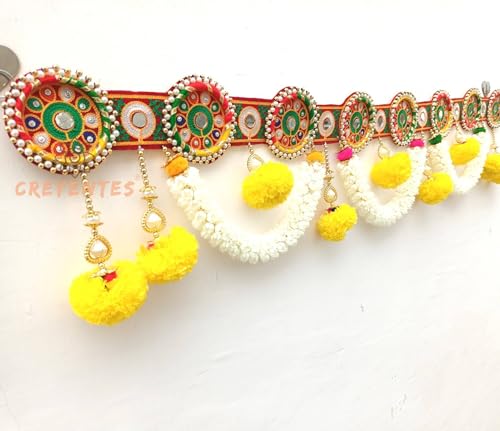 Image of Traditional Handmade Toran for Door, Thoranam Jasmin Flower, Mirror Work, Diwali Toran, Decoration for Festival, Embroidery Work (Round Ring Jasmin Toran)