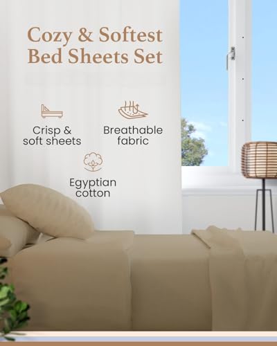 Image of Good Sleep Bedding Split King Sheets for Adjustable Bed, 5 Piece, 100% Egyptian Cotton Sheet & Pillowcase Sets, Sateen Weave, Ultra-Soft, 16 inch Deep Pocket Adjustable Bed Sheets - Taupe
