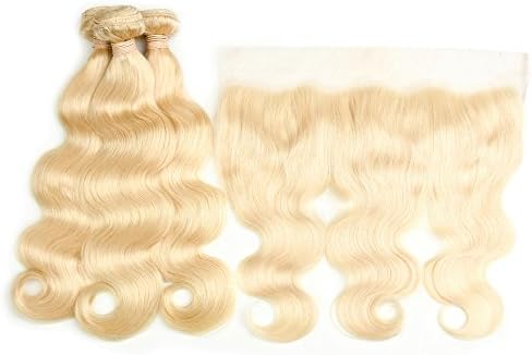 DACHIC 613 Blonde Human Hair 3 Bundles with Frontal 9A Brazilian Body Wave with Frontal 100% Virgin Human Hair Weave with Lace Frontal (14 14 14+12)