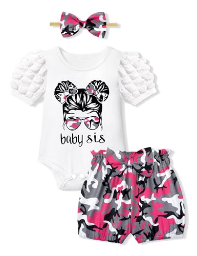 Image of Von kilizo Baby Girl Clothes Summer Baby Clothes for Girls Puff Short Sleeves Romper Camo Short Sets Baby Girl Outfits