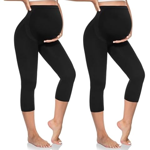 Refeel Women's Maternity Capri Leggings Over The Belly Pregnancy Workout Active Stretchy Pants Black Cover