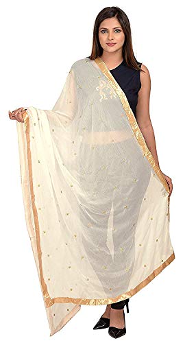 themilestocks - themilestocks TMS Woman's Embroidered Chiffon Dupatta Scarf Shawl Wrap Soft Indian Bridal Wedding, Off-white, 90 Inches X 32 Inches || 228 cm X 81cm