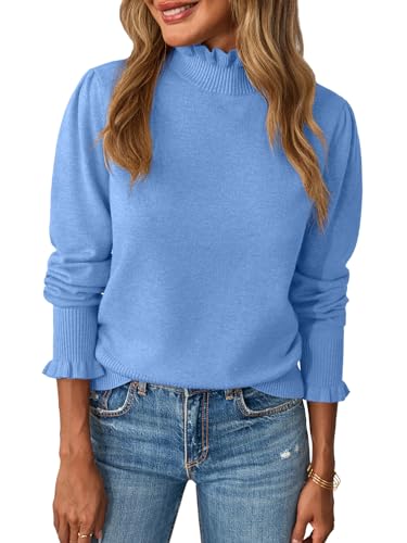 Saodimallsu Womens Ruffle Mock Neck Sweater Puff Long Sleeve Fall