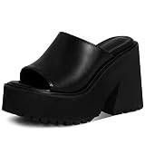 AMINUGAL Platform Wedge Heel Sandals For Women Chunky Block High Heels Slip-On Slippers Open Round T