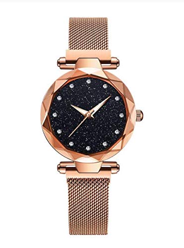 Preisvergleich Produktbild ALCENTIS - Sehr schöne und elegante Milanaise Damenuhr - Magnetarmband aus Edelstahl - Rotgold matt - Zifferblatt mit 12 kleinen Brillanten und Sternenhimmel