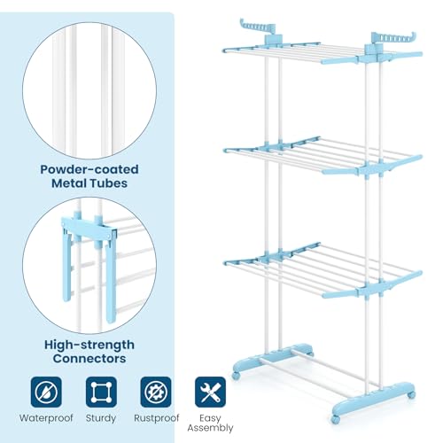 Multigot 4-Tier Adjustable Clothes Drying Rack with Wheels - Foldable Laundry Stand for Indoor/Outdoor Use (Blue + Blue Wheels) - Image 4
