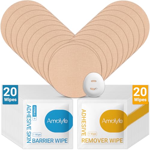 Amolyfe Dexcom G7 Over Patches Solution Kit, 20 Pack Dexcom G7 & Stelo Adhesive Patches Waterproof, 20 Skin Barrier Wipes & 20 Adhesive Remover Wipes for Enhanced Adhesion & Skin Protection (Tan)