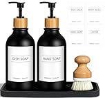GMISUN Black Hand and Dish Soap Dispenser Set with Tray, 500 ML Plastic Kitchen Sink Soap Dispenser with Bamboo Dish Brush, Farmhouse Kitchen Washing Up Liquid Dispenser Bottle with Pump Bathroom