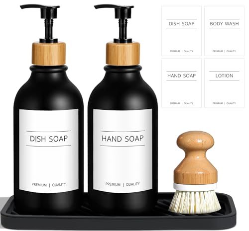 GMISUN Black Hand and Dish Soap Dispenser Set with Tray 500 ML Plastic Kitchen Sink Soap Dispenser with Bamboo Dish Brush Farmhouse Kitchen Washing Up Liquid Dispenser Bottle with Pump Bathroom