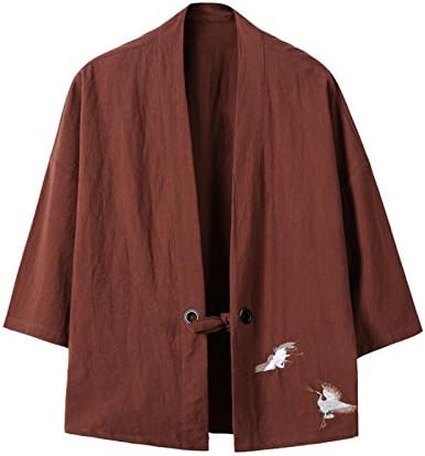 Hzcx Fashion Men's Cotton Blends Linen Open Front Cardigan Kimono Jackets, Coffee, US M(CHEST 40")