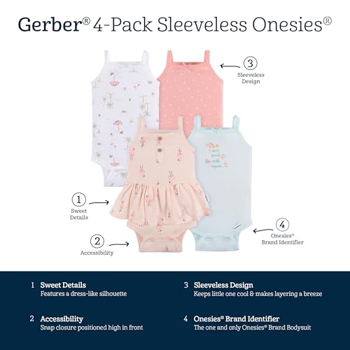 Image of Gerber Baby Girls Multi-Pack Sleeveless Onesies Bodysuit