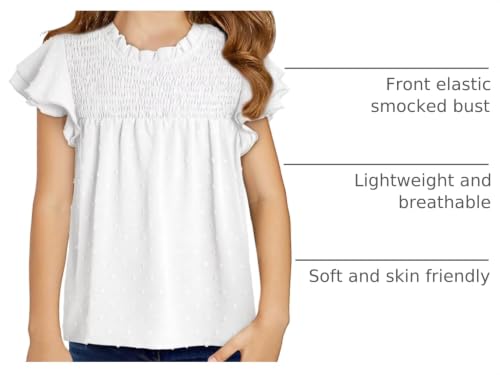 Image of DOKOTOO KIDS Girls Tops Short Sleeve Shirts Summer Blouse Size 6-15 Years | None Elastic Fabric, Ruffle Sleeve, Swiss Polka Dot, Smocked, Crew Neck, Key Hole Back, Dress Spring Outfit, Casual Tee