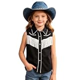 OUMSHBI Cowboy Hemd Kinder Mädchen Ärmellos mit Knöpfen und Fransen Western