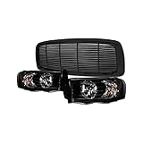 Topline_autopart Black Clear Housing Crystal Headlights Signal Lamps nb + Glossy Black Horizontal Front Hood Bumper Grill Grille Guard ABS Compatible With 02-05 Dodge Ram 1500/03-05 2500 3500