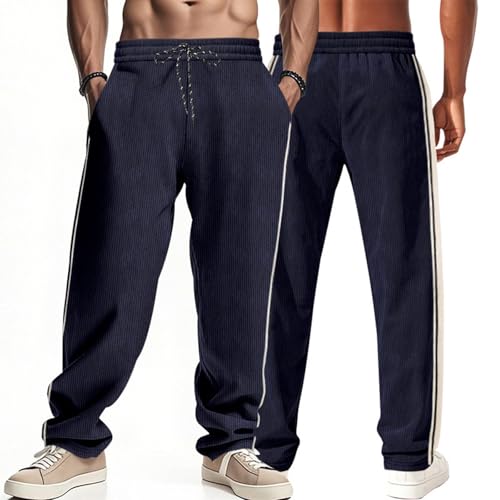 Straight Leg Corduroy Pants Men Elastic Waist Big and Tall Sweatpants Open Bottom Stripe Track Pants with Pockets2