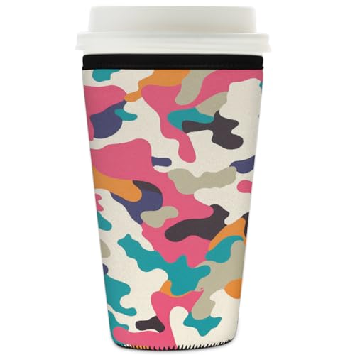 Myfsucce Funda reutilizable para taza de café, funda de neopreno para café helado con estampado de camuflaje en tonos arcoíris, 2 mm de grosor, tamaño de 32 onzas