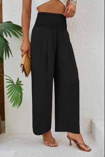 Womens High Waisted Flowy Palazzo Pants Casual Loose Wide Leg Long Lounge Capri Pants Trousers with Pocket (Black,L)3