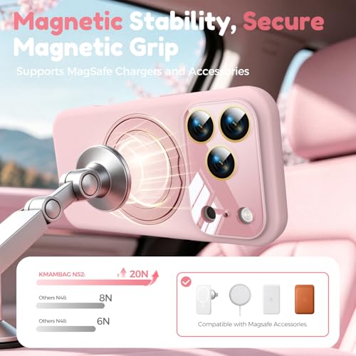 Image of Silicone 360 Spin Magnetic Stand Case for iPhone 17 Pro, [Compatible with Mag-Safe][Reinforced Hard Camera Protection] Liquid Silicone Rubber Phone Case Cover with Ring, Camera Button, Pink