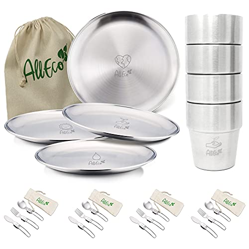 AllEco® Edelstahl Camping Teller Set 4 STK. 20cm Ø Picknick & Camping Geschirr Set 4 Personen...