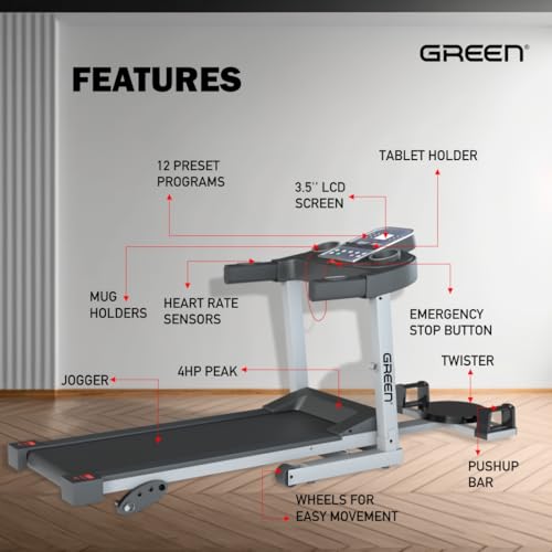 Image of Green GT-400 PT Motorized Treadmill for Home Use | 4HP Peak DC Motor Running Machine | 100KG Max User Weight, 3.5 Inch LCD Screen, 12 Preset Programs, Handle Pulse Sensors and Wheels