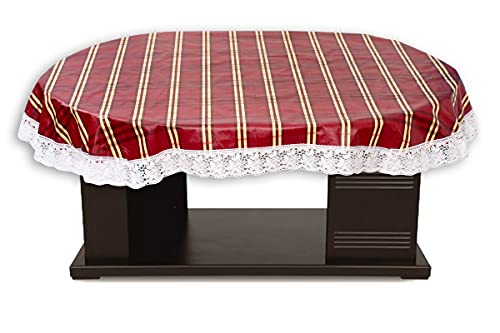 Image of The Furnishing Tree Waterproof PVC Oval Shaped 8 to 10 Seater Table Cover WxL 60x108 inches Plaid Pattern Red with White Border lace