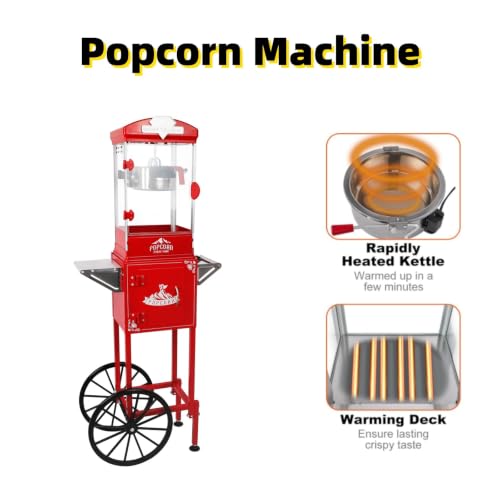 Image of Popcorn Machine with Cart, 10 Oz Kettle Makes Up to 3.5 Gallons, Vintage Popcorn Maker with Storage Cabinet & Scoop, Movie Theater Style Popper for Party, Red