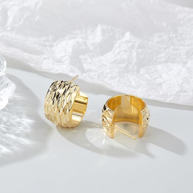 14K Gold Plated Hoop Earrings for Women, Trendy Chunky Gold Hoop Earrings Cuff Lightweight Hypoallergenic Jewelry for Her (Hammered Hoop) - Image 4