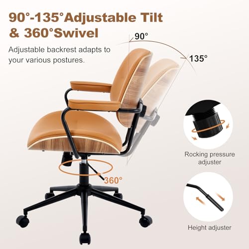 Image of Mid Century Modern Office Chair with Adjustable Backrest, Wooden Desk Chair with Armrests, Swivel Height Adjustable Home Office Chair, Comfortable Task Chair for Home Office, Brown