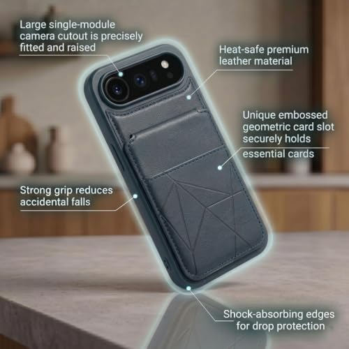 Image of amazon basics Premium Vegan Leather Back Cover with Card Holder and Integrated Mobile Stand for iPhone 17 Air - Slim Shockproof Wallet Case with Geometric Stitching [Blue]