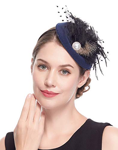 Navy Pillbox Hats 20S 50S Vintage Fascinators For Women With Feather Mesh Veil Headband Bridal Wedding Tea Party(A-Navy) #TOP3