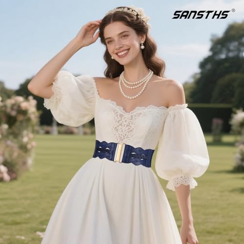 SANSTHS Vintage Stretchy Belt for Women, Womens Wide Elastic Belts for Dresses Coats, Fashion Womens Belts with Gold Buckle