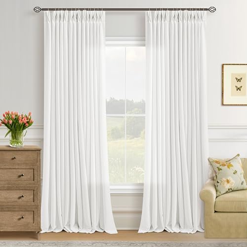 Image of Off White Pinch Pleated Semi Sheer Linen Curtains 100 Inch Length