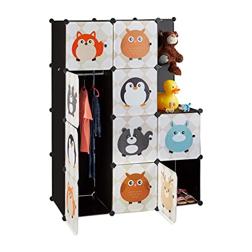 Relaxdays Étagère rangement enfants casier modulable plastique animaux penderie armoire portes tringle, coloré
