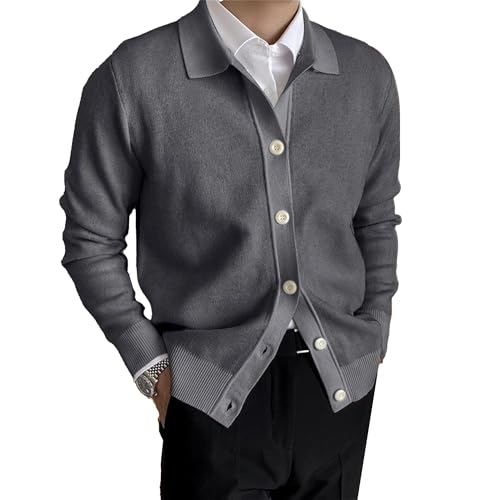 Cable Knitted Cardigan Sweater for Men Lightweight Open Front V Neck Sweaters Button Long Sleeve Solid Knitwear (Large,Dark Grey) - Main Image