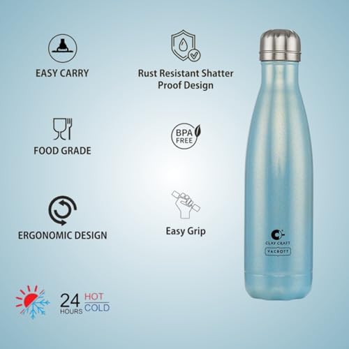 Image of Clay Craft Vacbott Stark Sparkle Double Walled|18 Hours Hot and 24 Hours| Cold Water Bottle Vacuum Insulated Flask Bottle|500 ml, 2 Piece, Water Bottles for School, Home, Gym, Leakproof