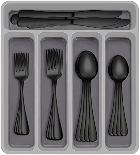 60-Piece Black Silverware Set with Organizer, AIVIKI Stainless Steel Flatware Set for 12, Cutlery Utensil Sets for Home Restaurant, Include Knife Fork Spoon Set