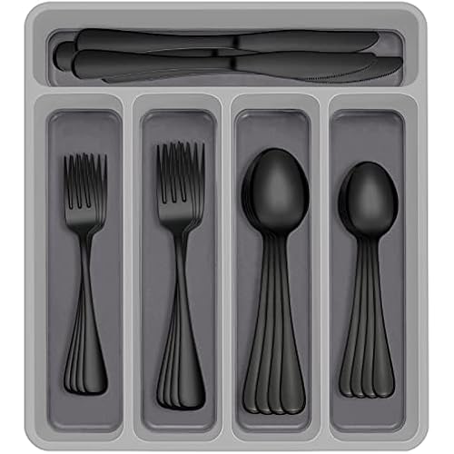 60-Piece Black Silverware Set with Organizer, AIVIKI Stainless Steel Flatware for 12, Cutlery Utensil Set for Home Restaurant, Tableware Includes Knife Fork Spoon Set, Mirror Polished
