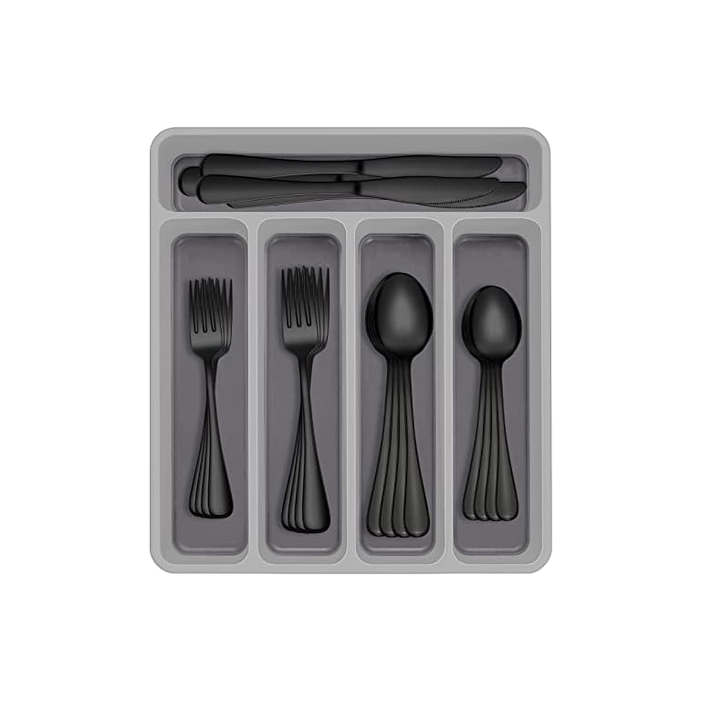 60-Piece Black Silverware Set with Organizer, AIVIKI Stainless Steel Flatware Set for 12, Cutlery Utensil Sets for Home Restaurant, Include Knife Fork Spoon Set, Mirror Finish, Dishwasher Safe