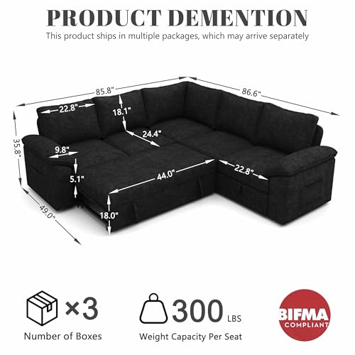 Image of 85 Inch Modular Sectional Sofa with Pull Out Bed, L Shaped 5 Seat Sectional Sleeper Sofa with Storage, Sectional Couches for Living Room, Cloud Modular Couch,Removable Sofa Cover, Black