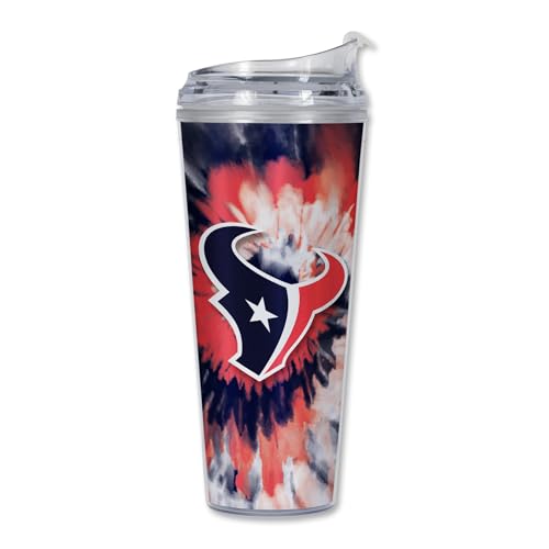 Image of Rico Industries NFL Football Houston Texans Metallic Tie Dye 24oz Metallic Acrylic Tumbler with Hinged Lid, Officially Licensed Double Wall Tumbler with Straw