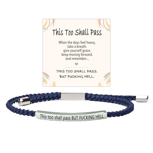 Image of This Too Shall Pass Motivational Tube Bracelet, But Fucking Hell Engarved Inspirational Wrap Bracelet for Women, Handmade Braided Adjustable Tube Inspirational Bracelets Jewelry Gift (Silver-Blue)