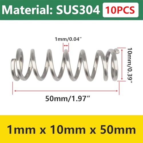 Qrity 10 Stück Druckfedern, Edelstahl Spiralfedern, 304 Stahlfeder, 1 x 10 x 50 mm Feder, Druckfeder Für Ersatz und Reparatur
