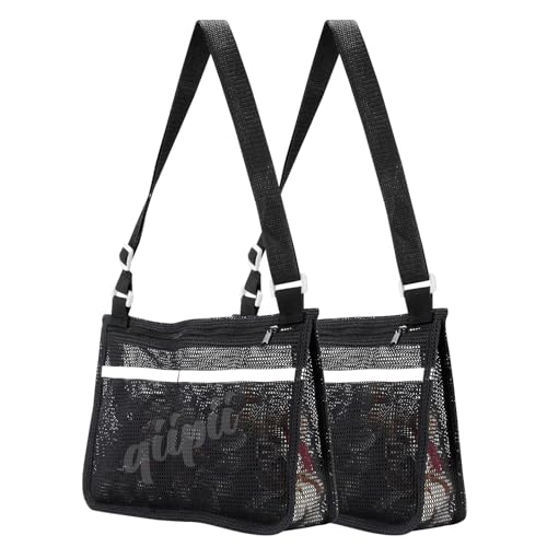 qiipii 2 Pack Beach Mesh Bag for Kids Shell Collecting Bag Beach Sand Toy Bags with 2 Outer Pocket for Hunting Shells, Swimming Accessories, Adjustable Longer Straps, Smooth Zipper for Kids Teens
