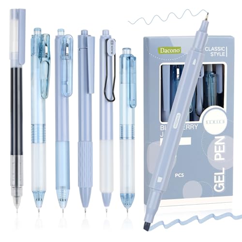 Dacono Pack of 7 Gel Pens Coloured Highlighter Writing Set, Aesthetic Retractable Black Gel Pens with 1 Highlighter, Blueberry Style - Ballpoint Pen 0.5 mm Perfect for Students, Journaling