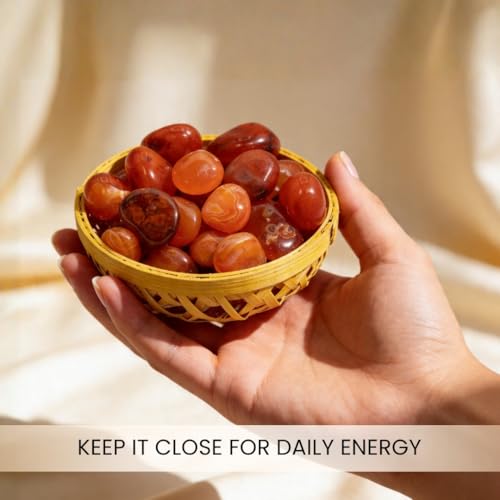 Image of Plus Value Natural Red Carnelian Crystal Pebbles Tumbled Stones for Vastu Feng Shui Aura Chakra Reiki Healing Home Office Decor Showpiece Decoration (200 Grams in Basket)