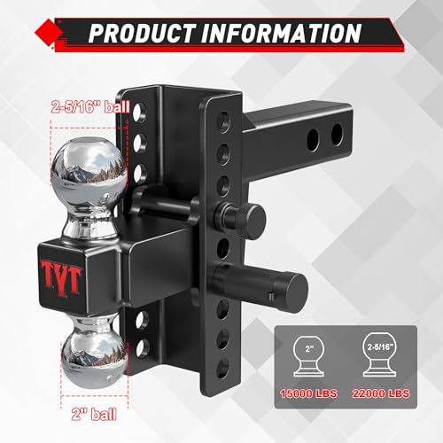 Image of TYT Adjustable Truck Trailer Hitch for 2 inch Receiver, 6 inch Drop /Rise,2 inch & 2-5 /16 inch Ball,Includes Two Pin Locks & Hitch Tightener