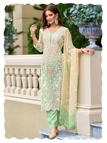 Image of INDO ERA Womens Organza Embroidered Straight Kurta Pant Dupatta Set (IEOUT10602)