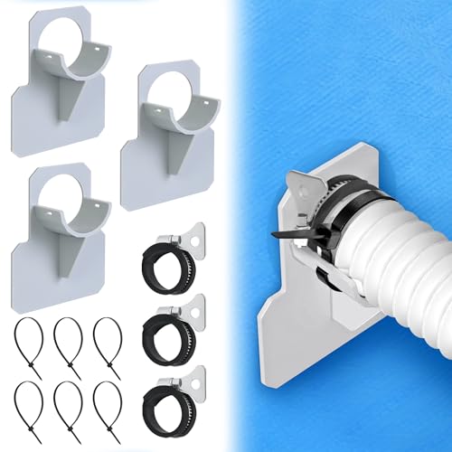 3 PCS Swimming Pool Pipe Holders Upgraded Pool Hose Support Bracket Above Ground Pools Accessories with Protective Hose Clamps Designed to Fit On Intex Pools Prevent Pipe Sagging (Pipes Max 1.5)