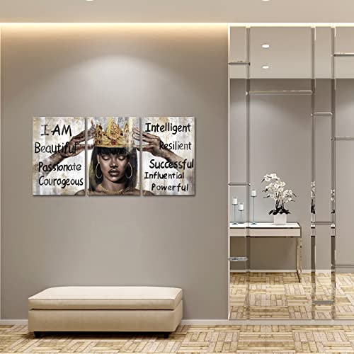 Homeoart African American Wall Art Black Queen With Golden Crown Inspirational Motivational Painting Canvas Print Black Girl Bedroom Decor Living Room Decor Framed (16"X24"X3 Panels) #TOP2